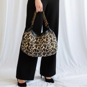 AMC Accessory Giraffe Print Handbag – Brown Beaded Handle Tote